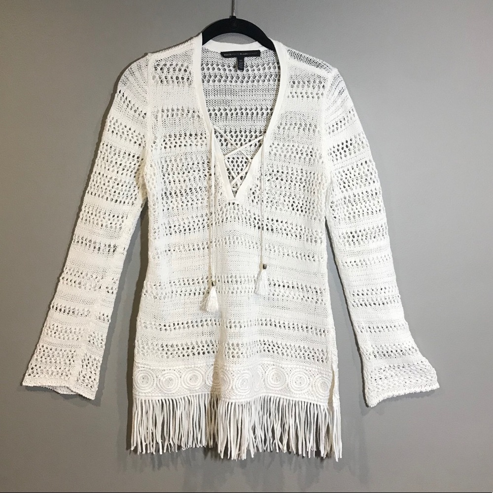 WHBM White Crochet Long Sleeve Top with Fringe